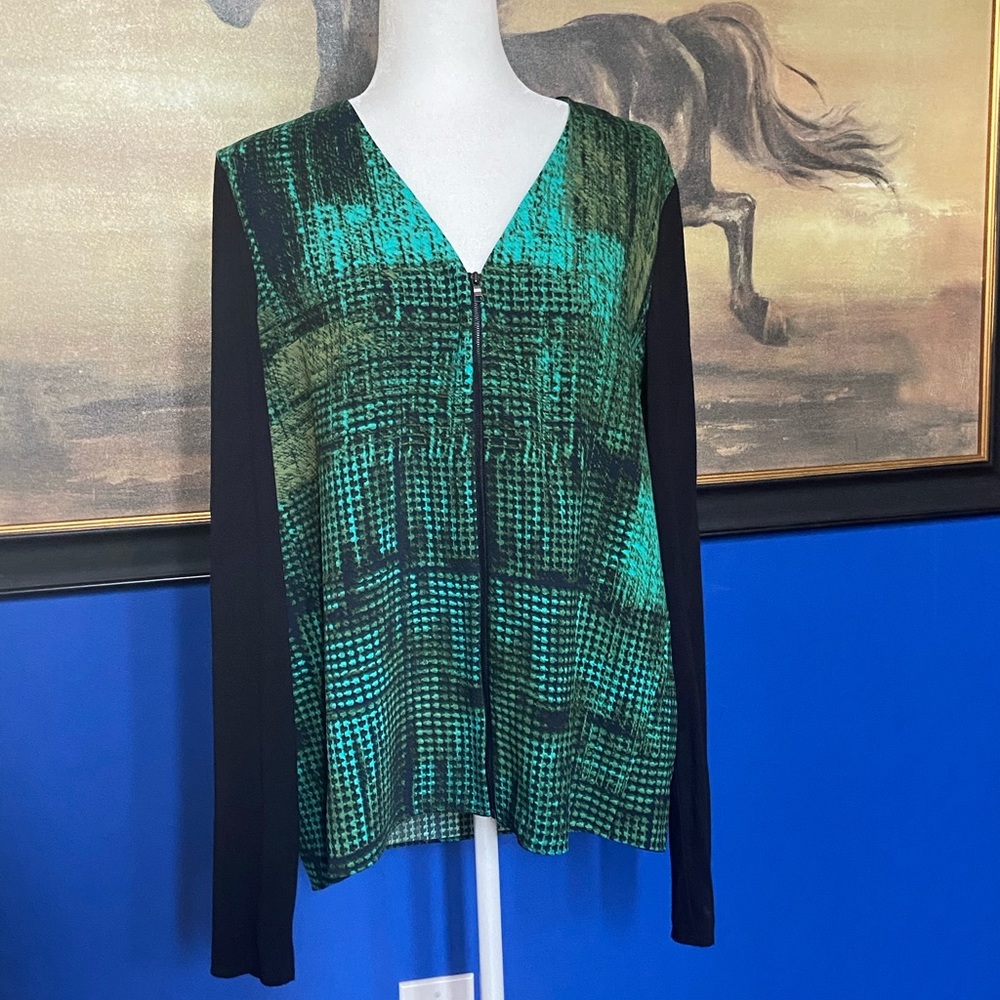 Tahari Green Black V-Neck Blouse